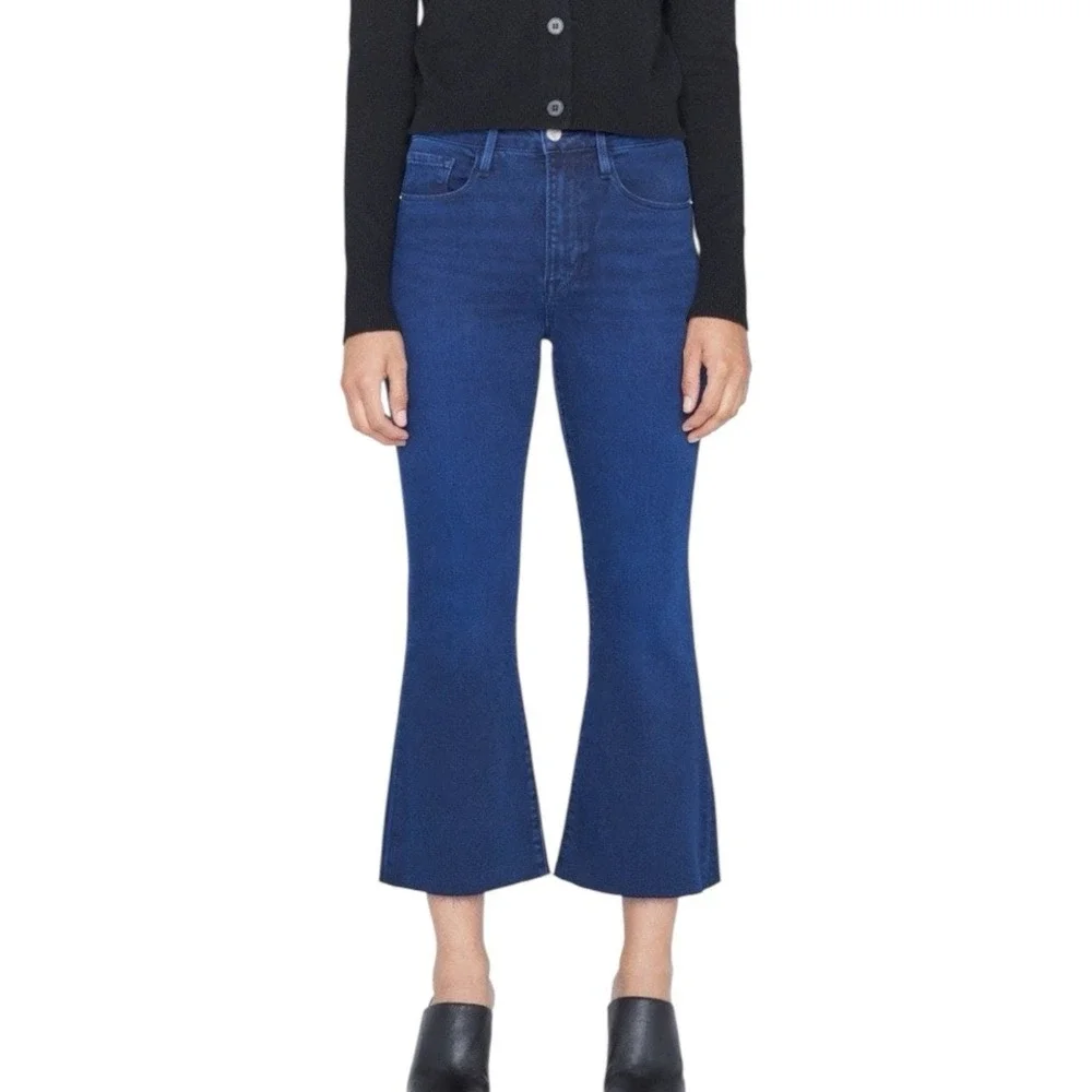 FRAME Le Crop Flare Jeans Women 33 Fiona High Rise Dark Blue Boho Raw Hem Shabby